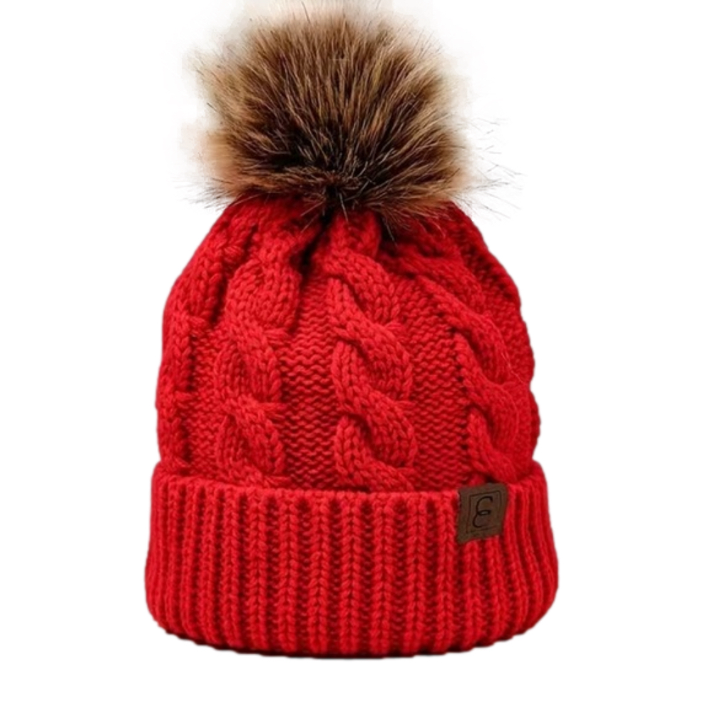 Red Cable Knit Beanie with Faux Fur Pom Top NWT